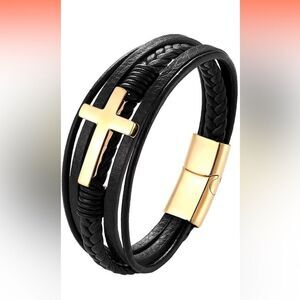 Elegant Black Leather Bracelet with Gold Cross
